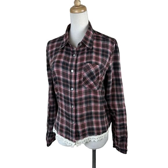 Vanilla Star Button Up Shirt Womens Size LARGE Plaid Lace Trim Collared - Picture 10 of 10